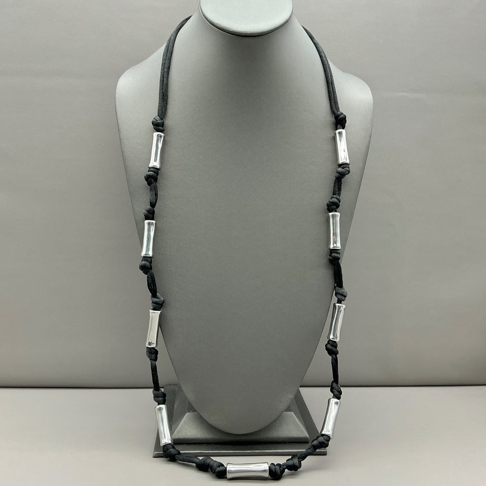 Chicos Necklace Women Silver‎ Tone Black Cord Knotted Tube Bead Adjustable 30 In